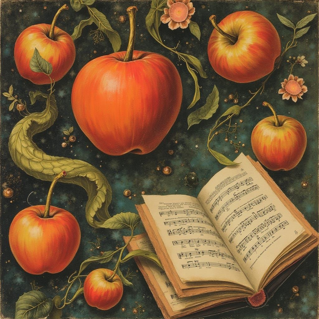 <lora:pleaseworkthistime:1.0> Electric apples linger drawing wealth as sheet music rolls fly, Surrealist paper collage with vintage elements...