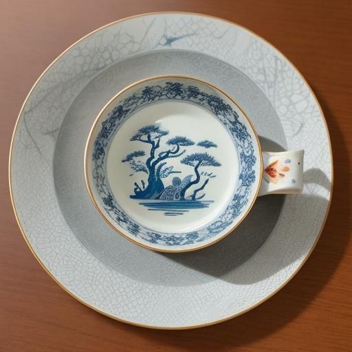 A delicate porcelain teacup and teapot adorned with intricat...