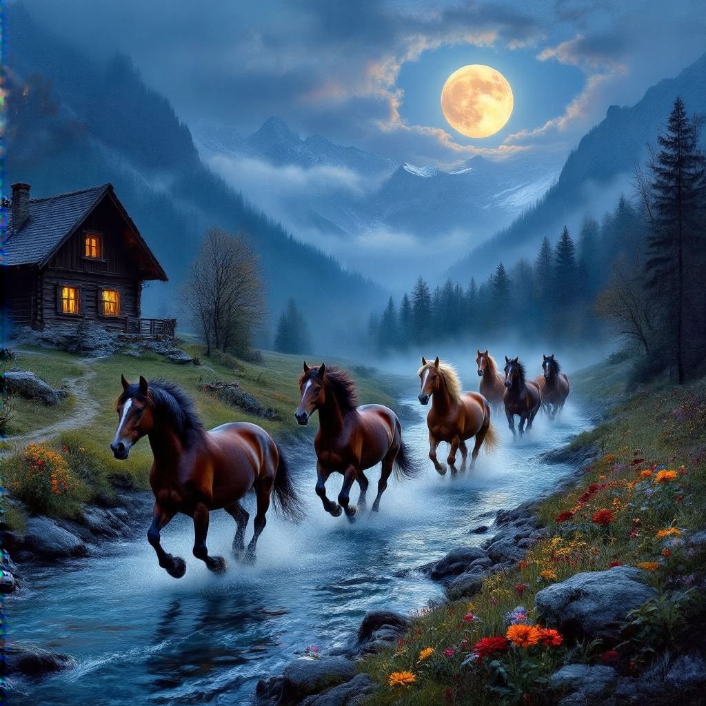 A small group of beautiful horses run in a stream #3