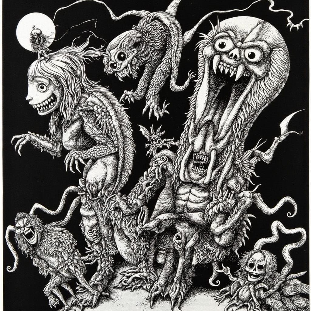 <lora:Hans Arnold 2:1.0> Scary Monsters at Halloween