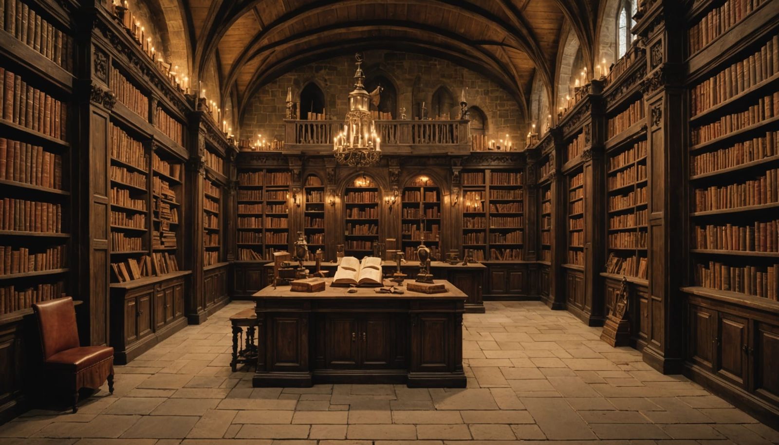 The wizard's library, large medieval style library filled with large magic books and scrolls  by @NyghtRaven