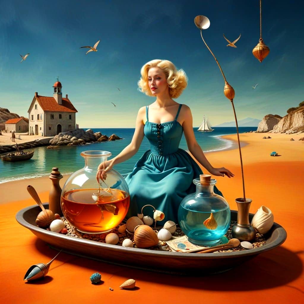 Vibrant Eccentric Lady in Whimsical Surreal Landscape