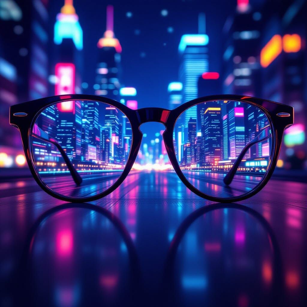Eyeglasses Reveal Cityscape Through Lens, Surrealist Style