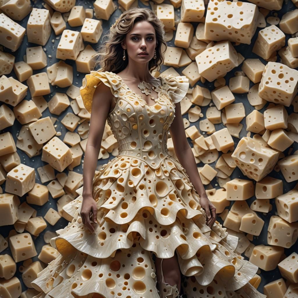 A beautiful woman wearing a dress made of Swiss cheese. The squirt is ruffled with several layers  by @RPGCatLover