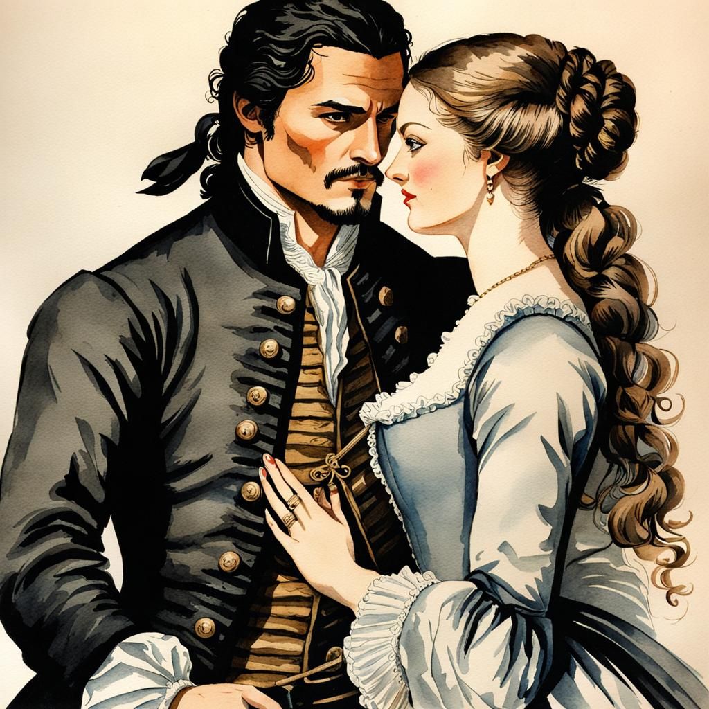 Will Turner and Elizabeth Swan, 18th century  ink drawing wa...