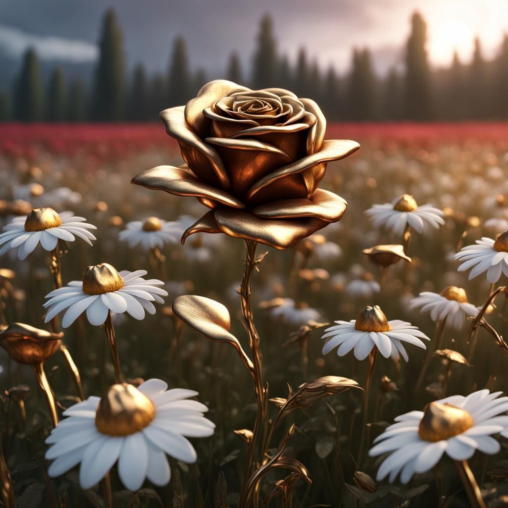 Gold rose pedals with an iron stem in a field of daisies.