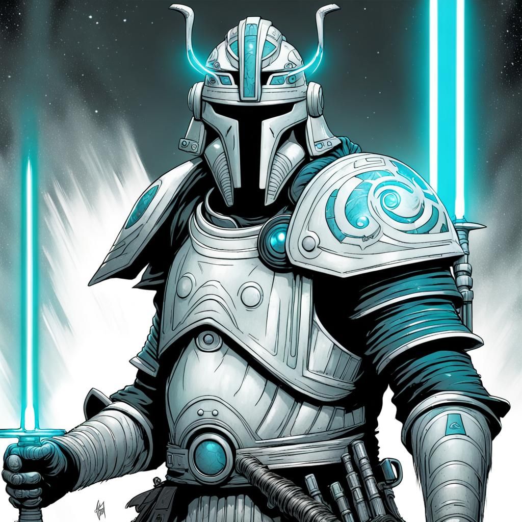 Celtic Samurai in Mandalorian-Jedi Protector armour. Retrofu...