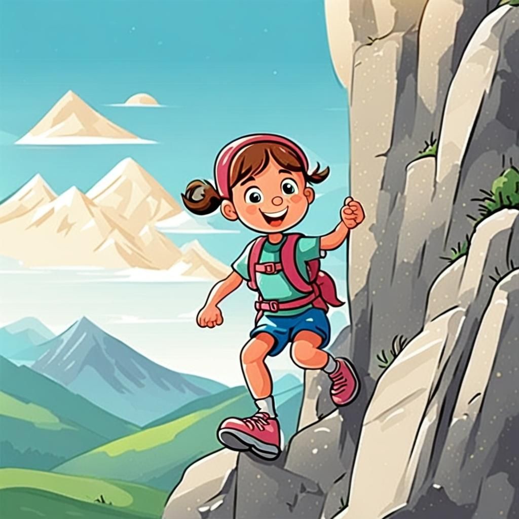 A cartoon girl is climbing a mountain