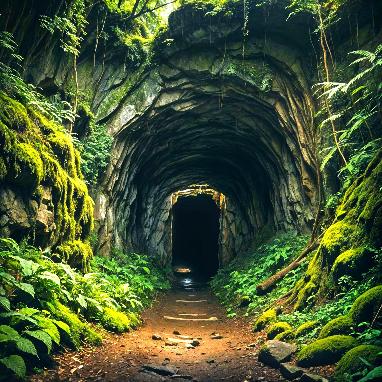 Dark tunnel in the Forrest that leads to a secret cave with a waterfall in the cave Cinematic film still, shot on v-raptor XL, film grain, v...