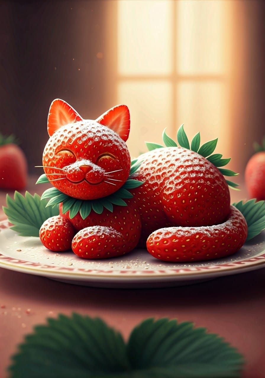 Cat strawberry fusion. A cute funny smiling cat made with strawberries lying on a beautiful plate with ...  by @Ima