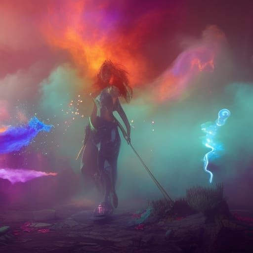 person surrounded by magic colorful smoke