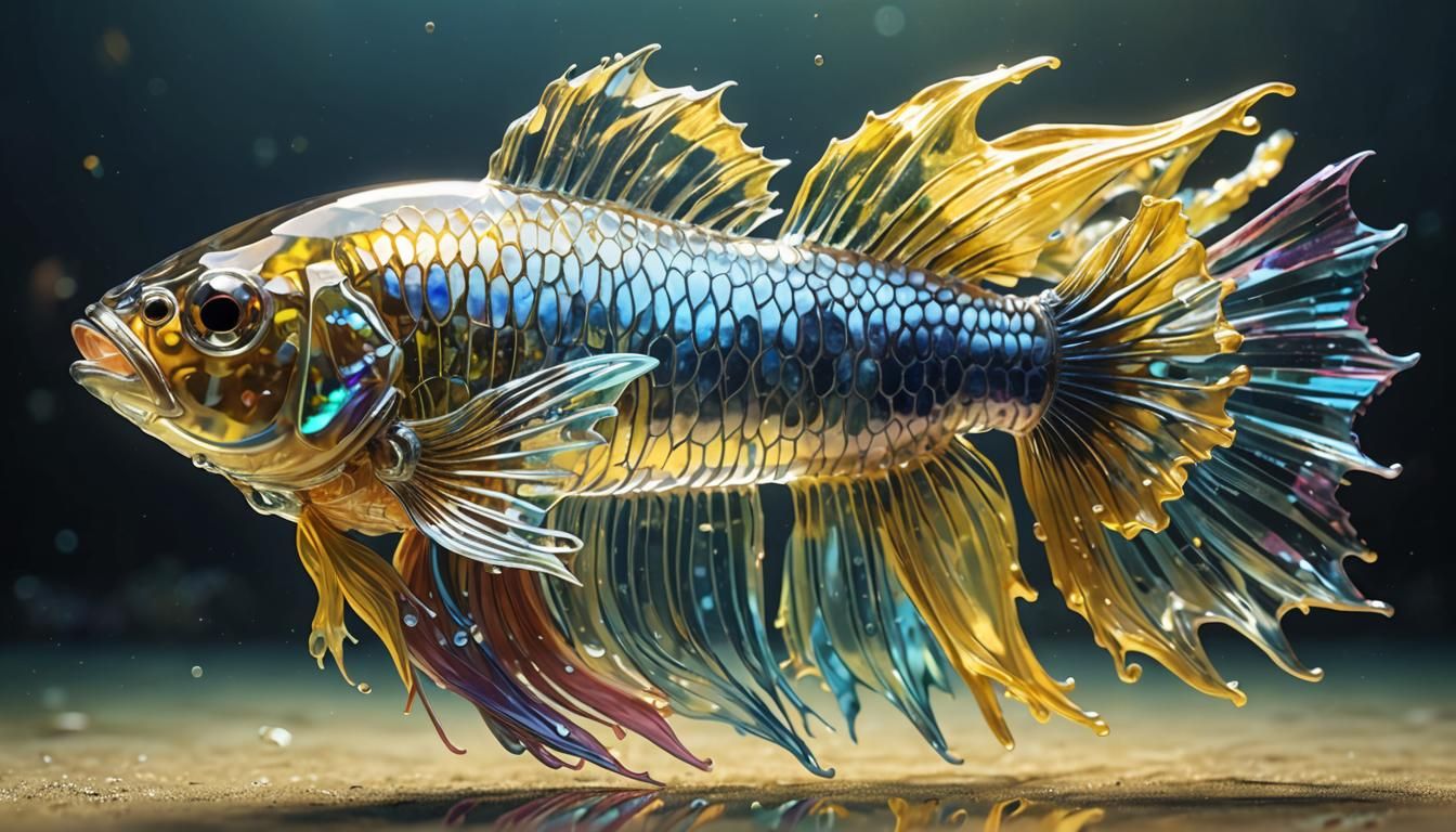 Hyper detailed, HD clear betta fish made of rainbow glass bo...