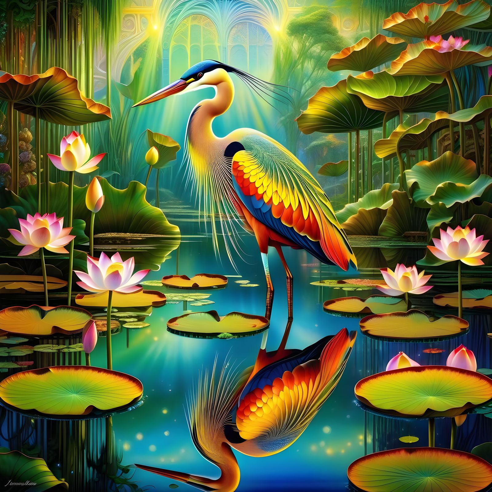 Heron in Lotus Pond: Ornate Psychedelic Masterpiece