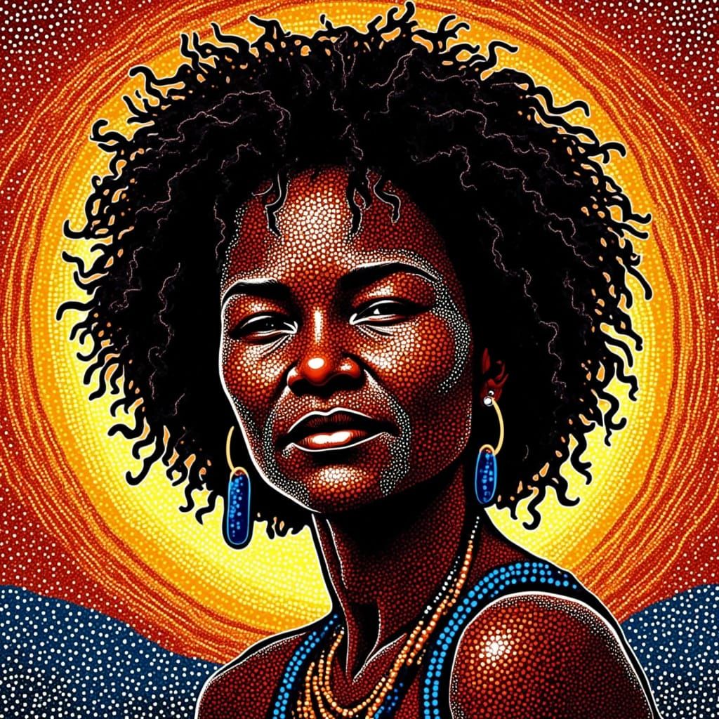<lora:Aboriginal Style Dot:1.0> An aborigine woman from Australia in aboriginal dot style