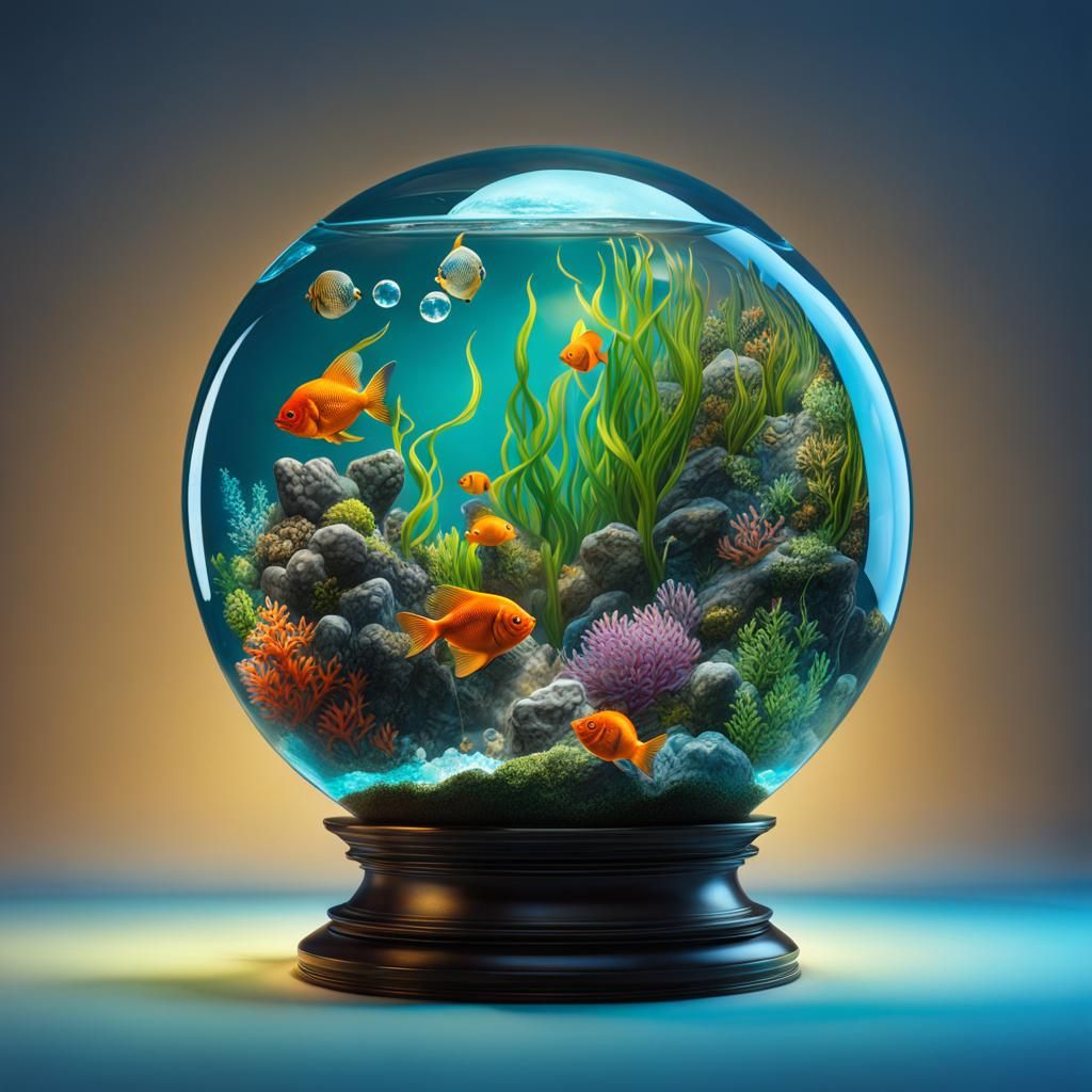 ‎a globe-shaped aquarium with fish, seaweed, plants, fish of different ...