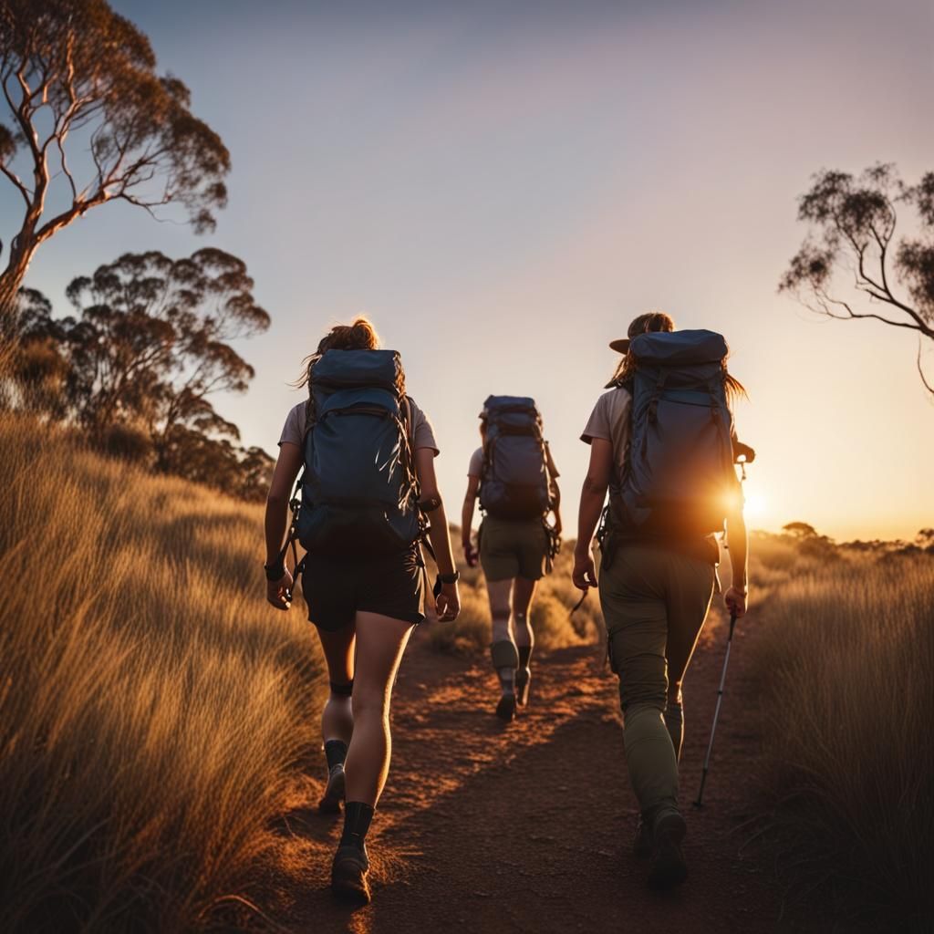 close up view of female bush walkers trekking through australian bush  countryside with a sunrise sky, cinematic effect - AI Generated Artwork -  NightCafe Creator