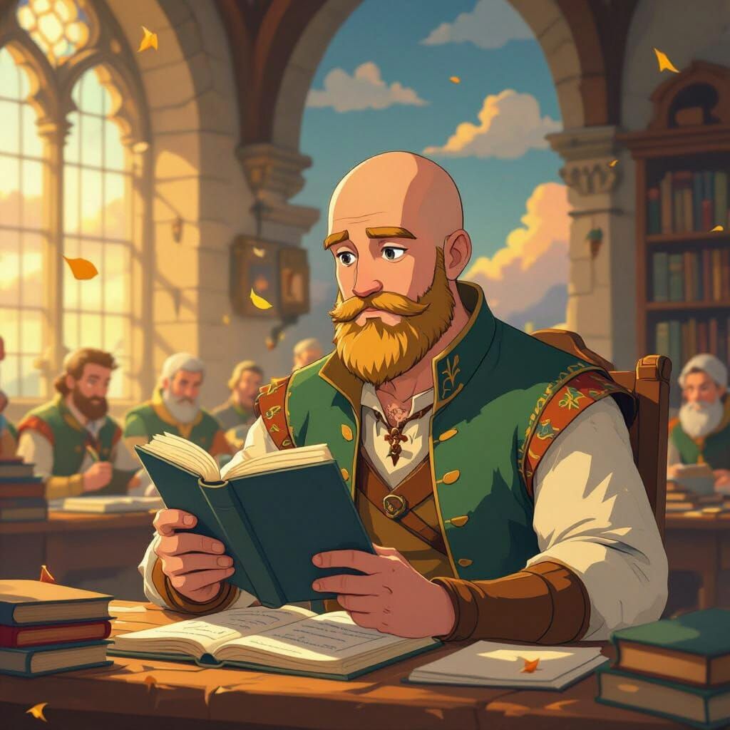 A Studio Ghibli-style cel animation scene at a lively medieval castle near the CERAN Castle in Belgium. A bald, fit traveler of 30 years old...