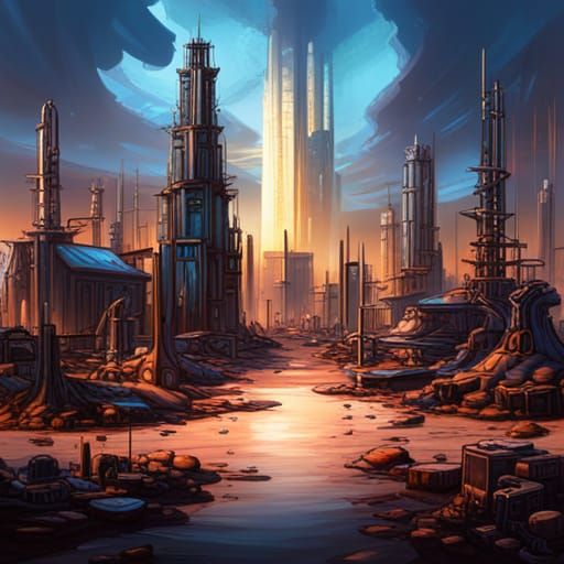 Dystopian cyberpunk city surrounded by fields of slab and ru...
