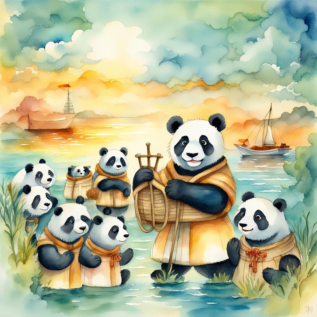 Panda's Whimsical Watercolor Boat Trip on Serene Sea