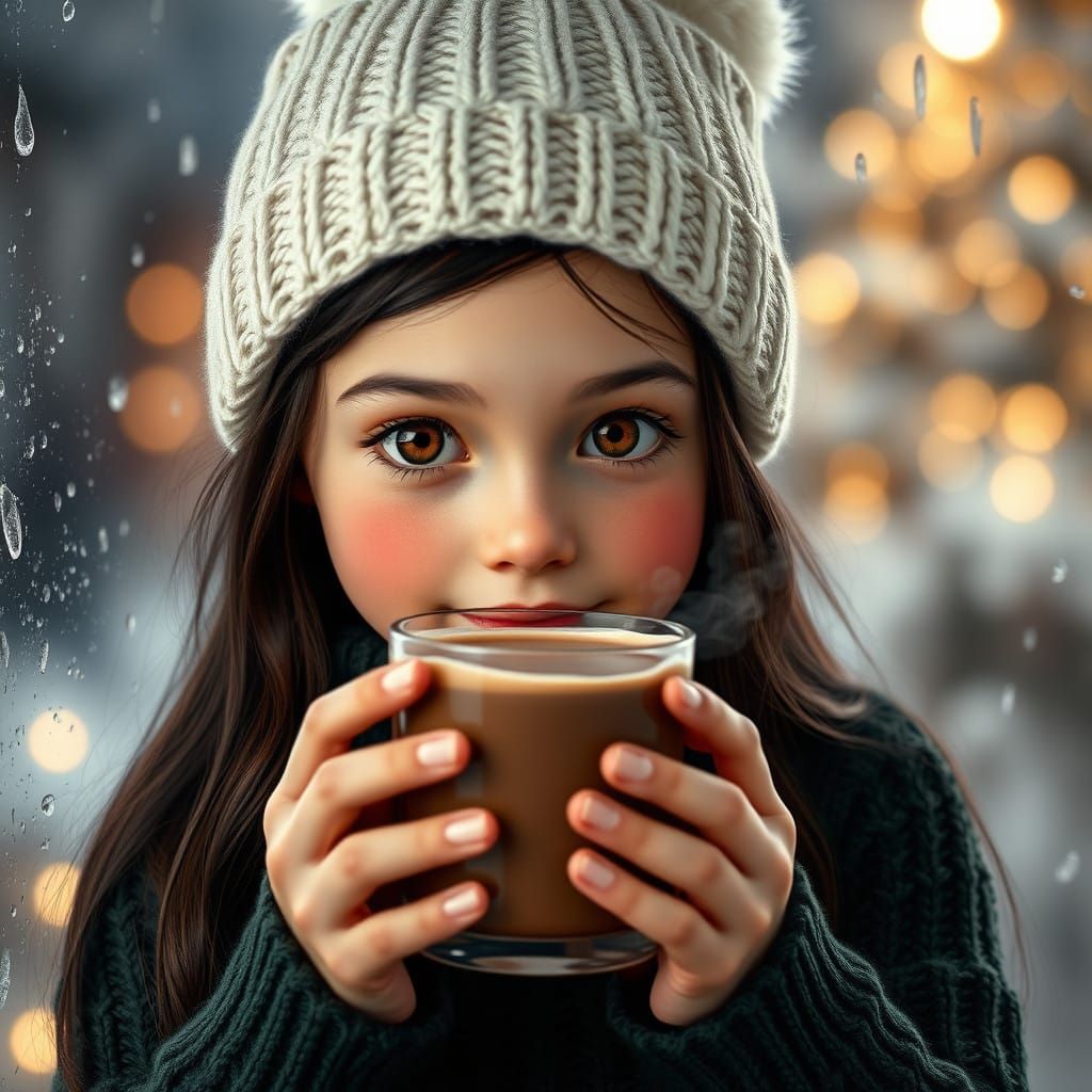 Girl with Chocolate Milk in Cozy Winter Scene