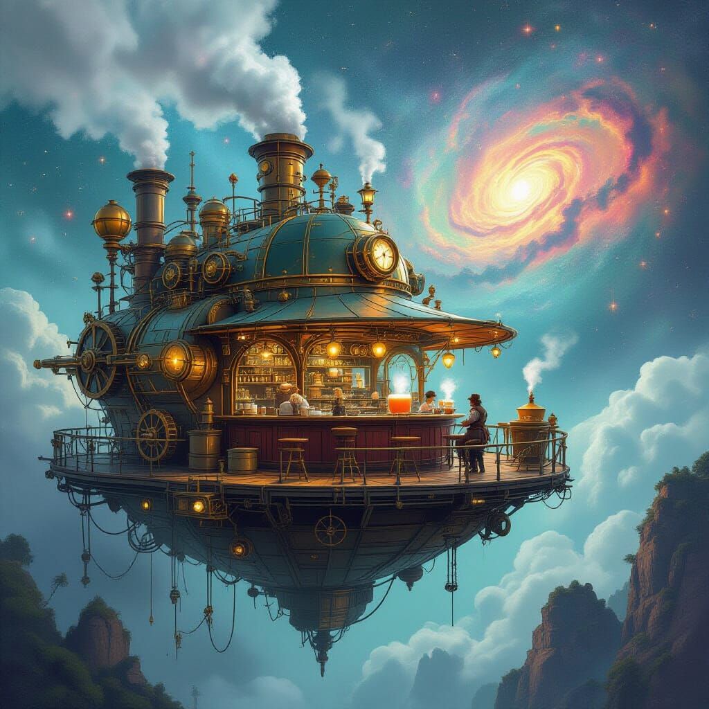 A steampunk-inspired café perched precariously on the side of a floating island, accessible only by a rickety airship dock. The café's inter...