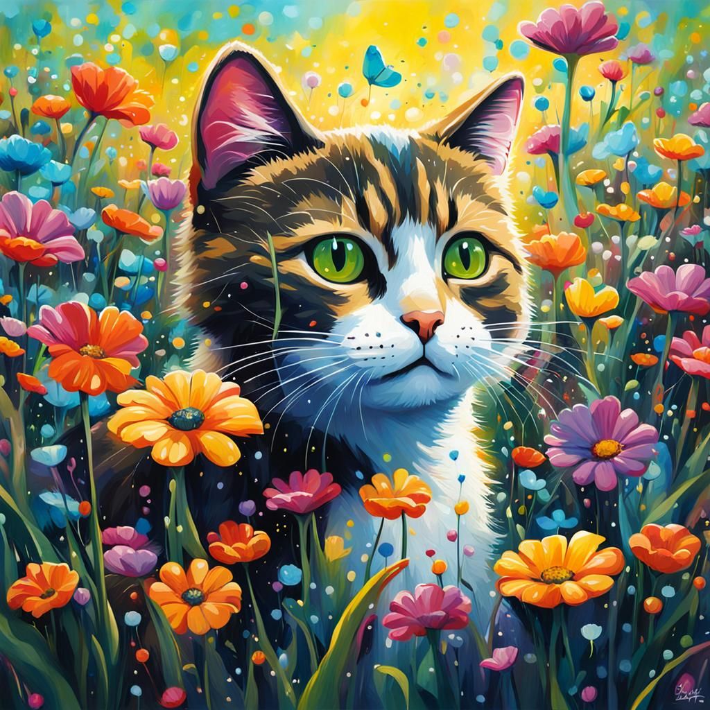 Glimpse of Spring field with flowers and cats sparkle glow s...