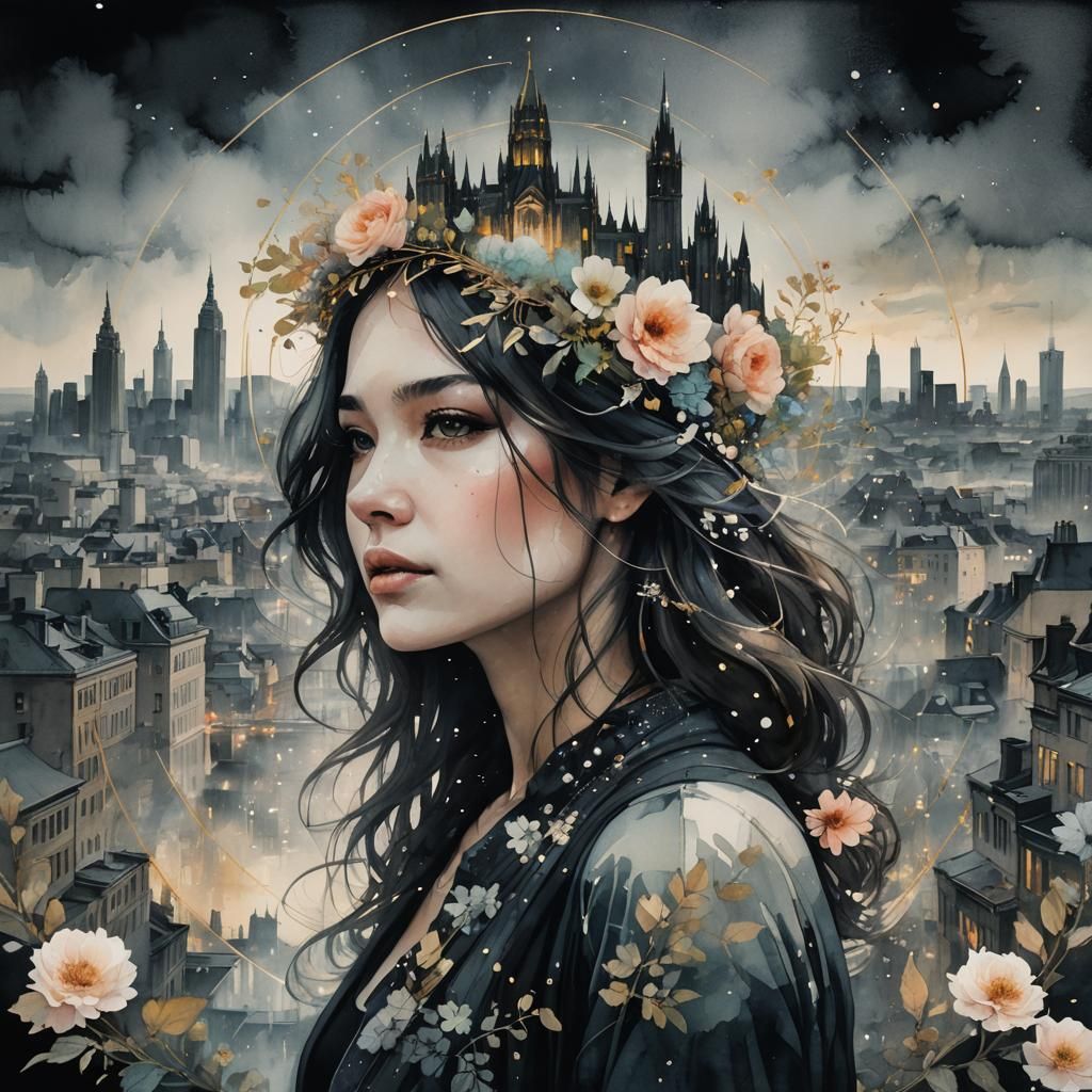 A woman with a floral crown blends with a dreamy cityscape f...