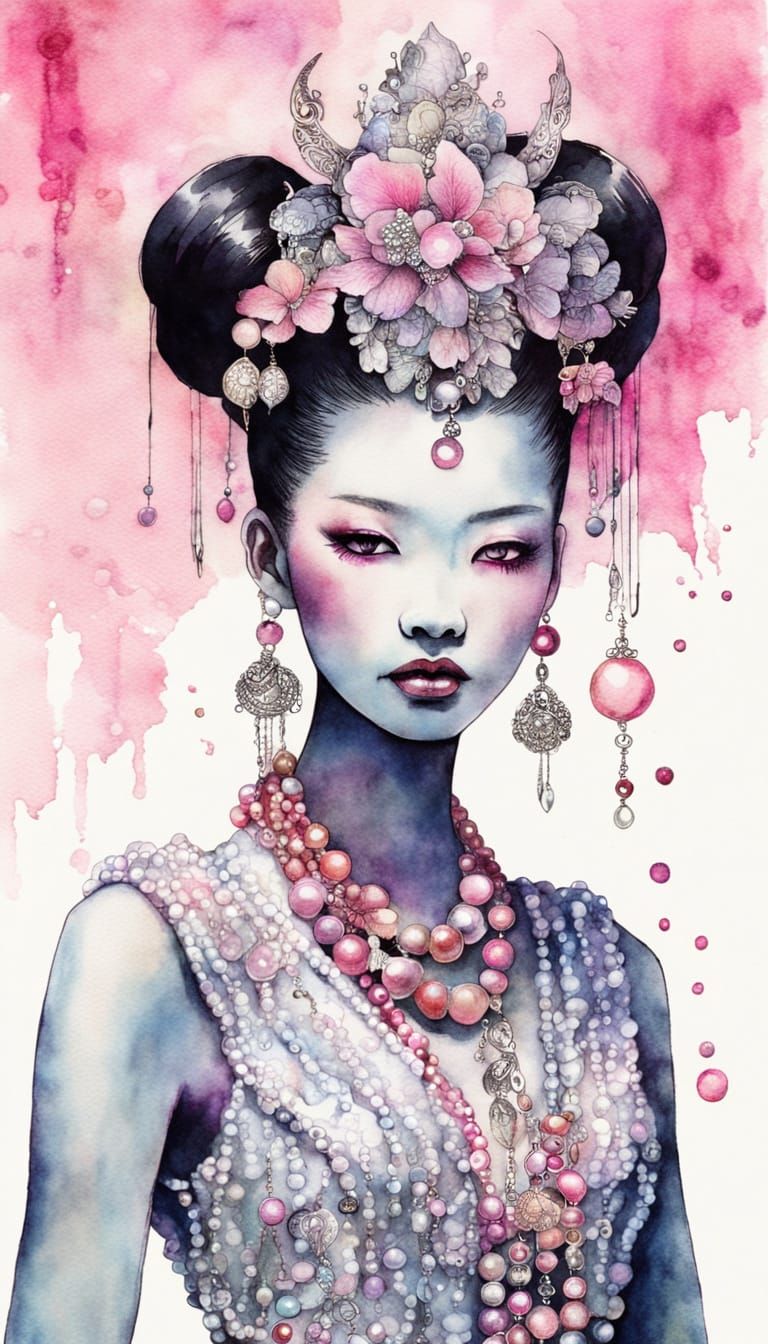 Miss Japan with Tribal Necklaces in Shadowy Harbor