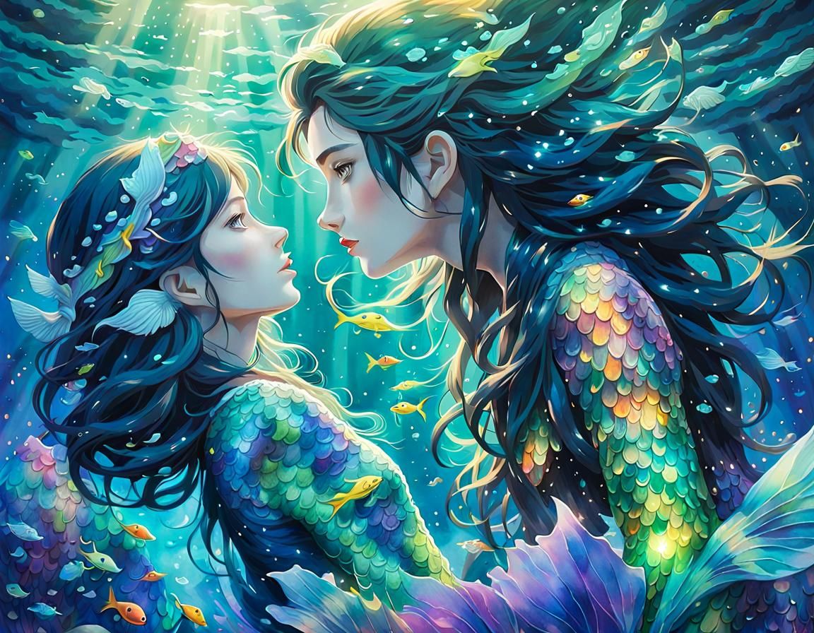 (magical matte watercolor artwork of a two kissing beatiful mermaids ...