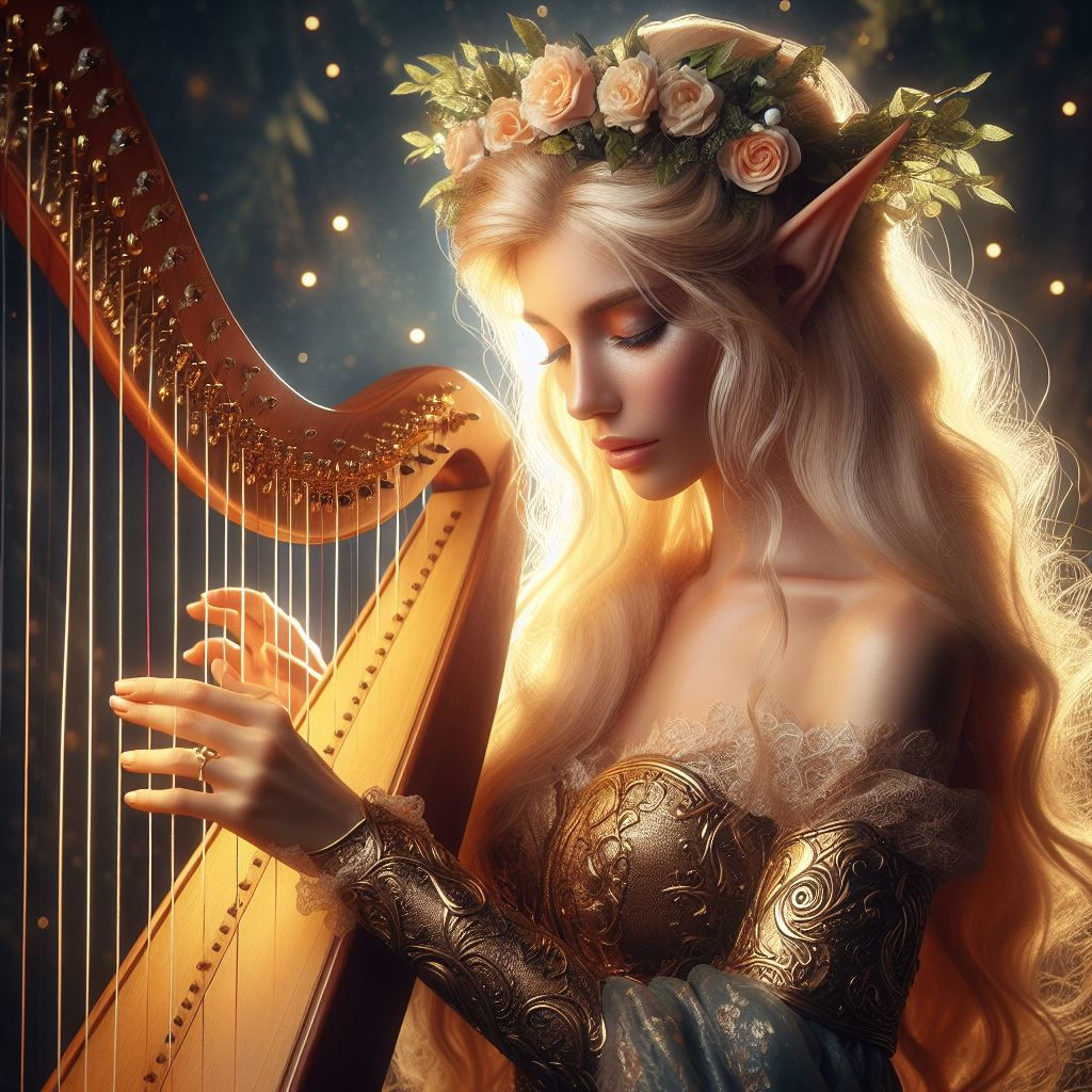 Elven Princess Playing A Harp