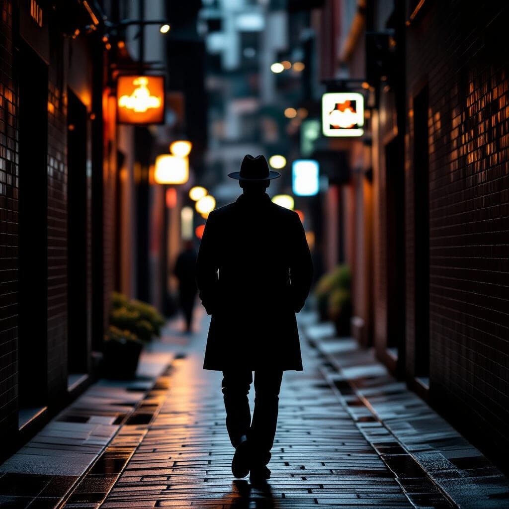 Shadowy Man Walking Down Dark Alley in Noir Style