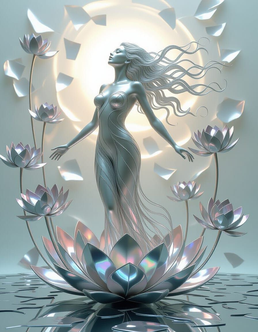 An ethereal sculpture of a floating woman's form, her body woven from molten silver threads and her hair ...  by @JuiceBox