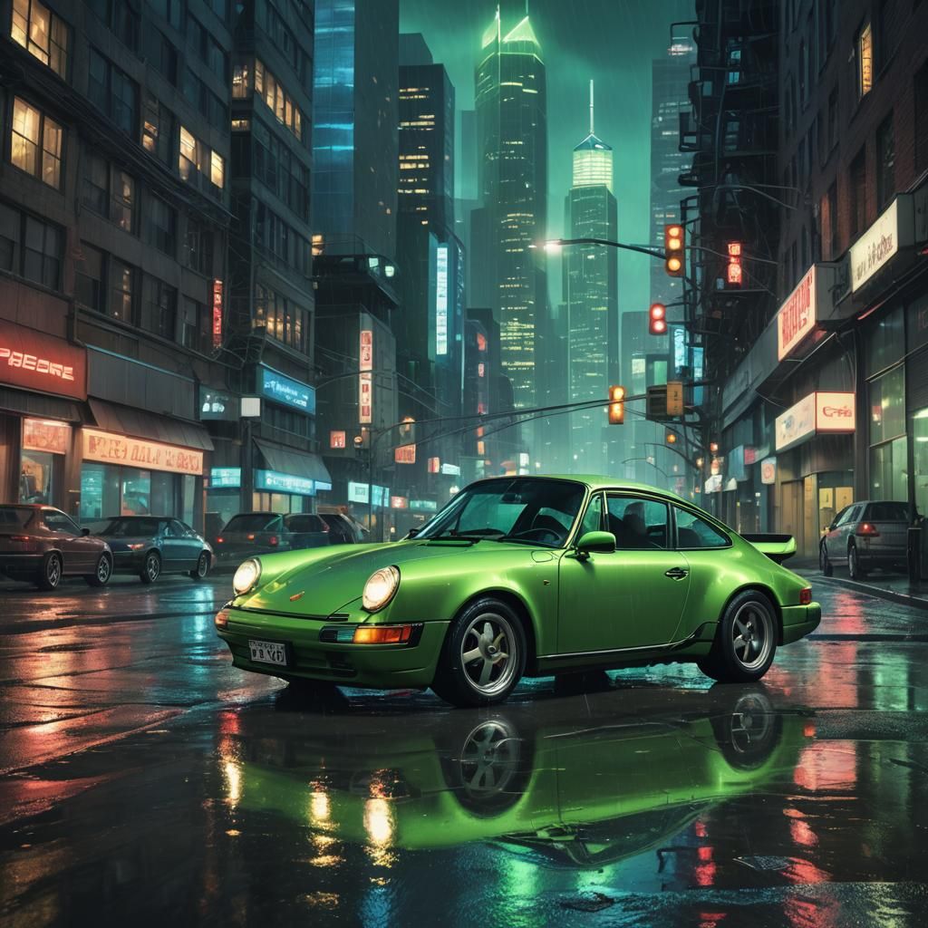 porcshe 964 911 lizard green in a big city at night with a l...