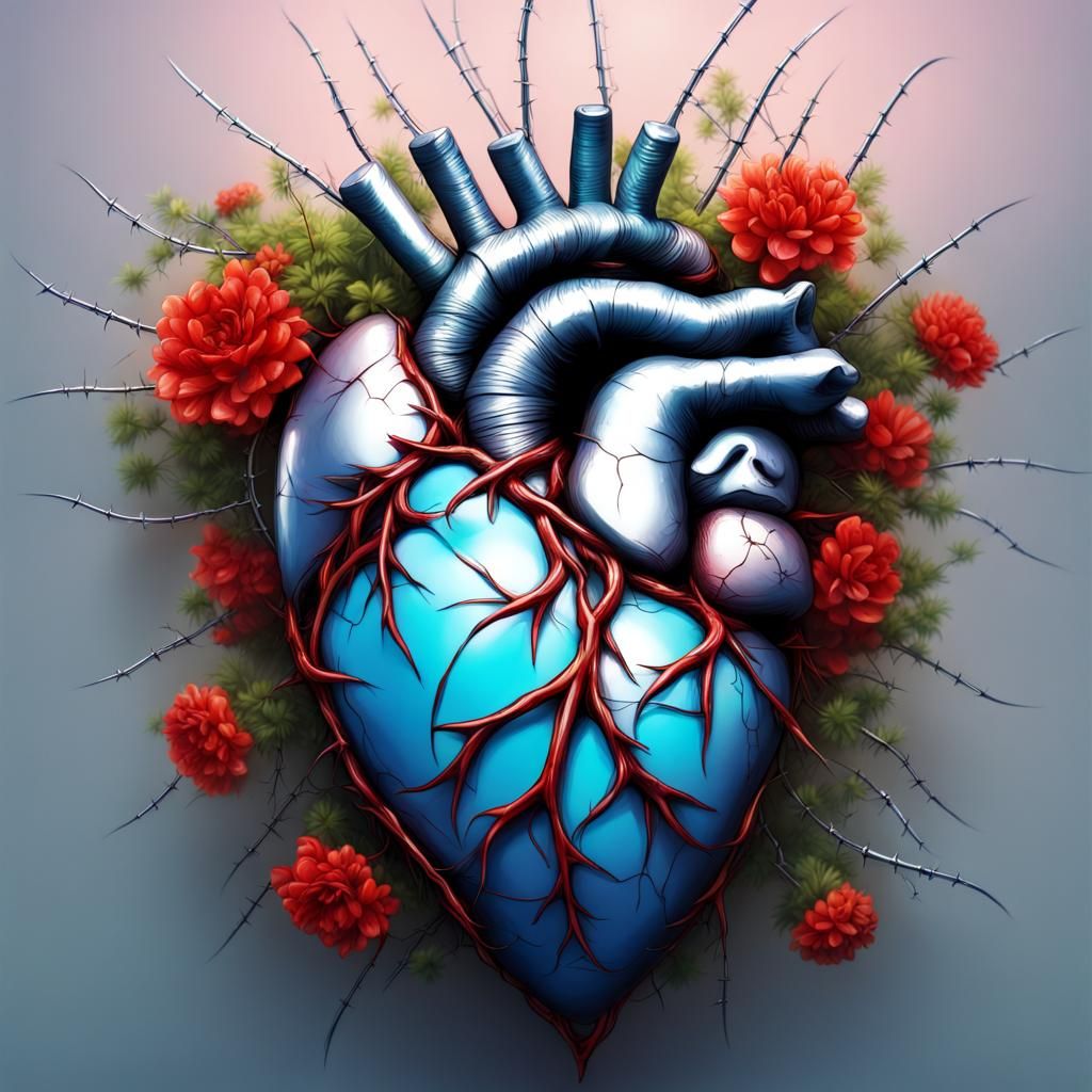 Real human heart made of cold icy barbed wire and thorny flo...