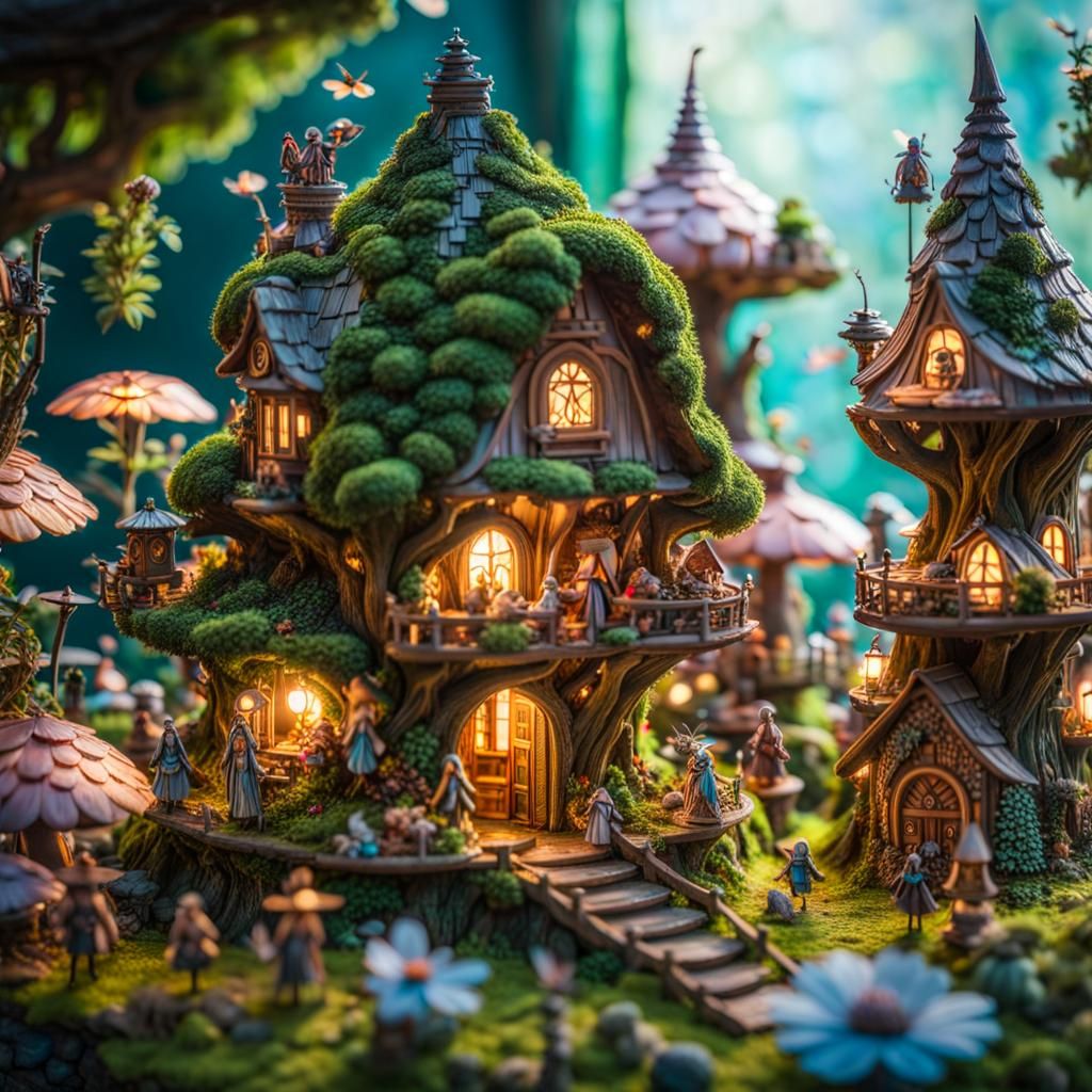 small humanoids rinding insects living in a fairy forrest village with small humanoids flying on insects, ...  by @undefined