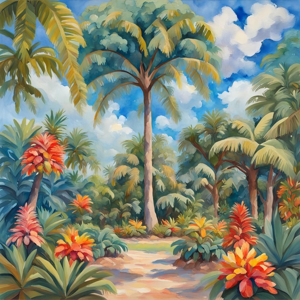 a tropical garden with a big flamboyan tree in the center, s...