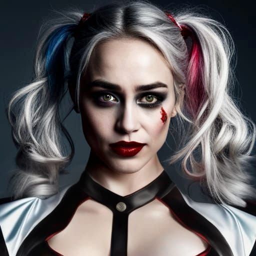 Emilia Clarke as Harley Quinn : Red & Black Contrast Satin Jester Hood ...