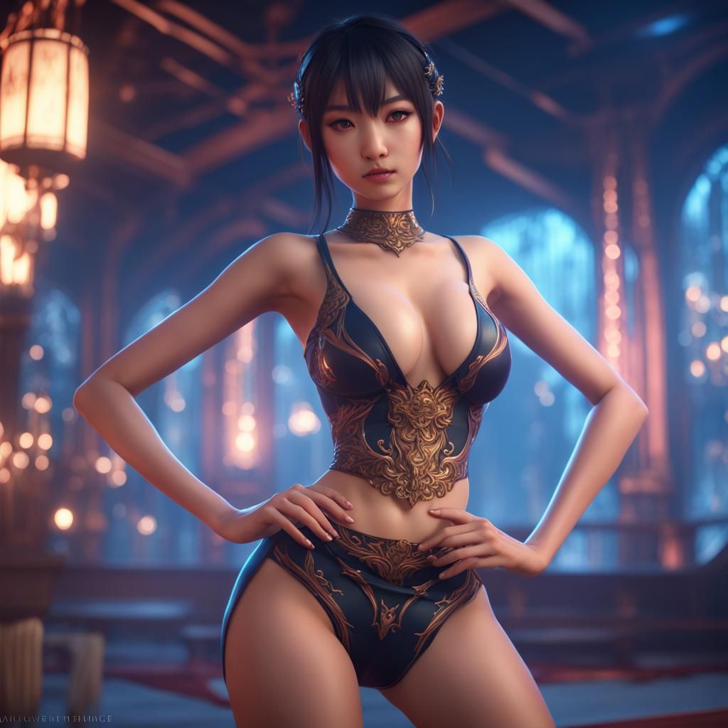 Enthralling Anime Asian in Seductive Pose, Detailed Matte Pa...