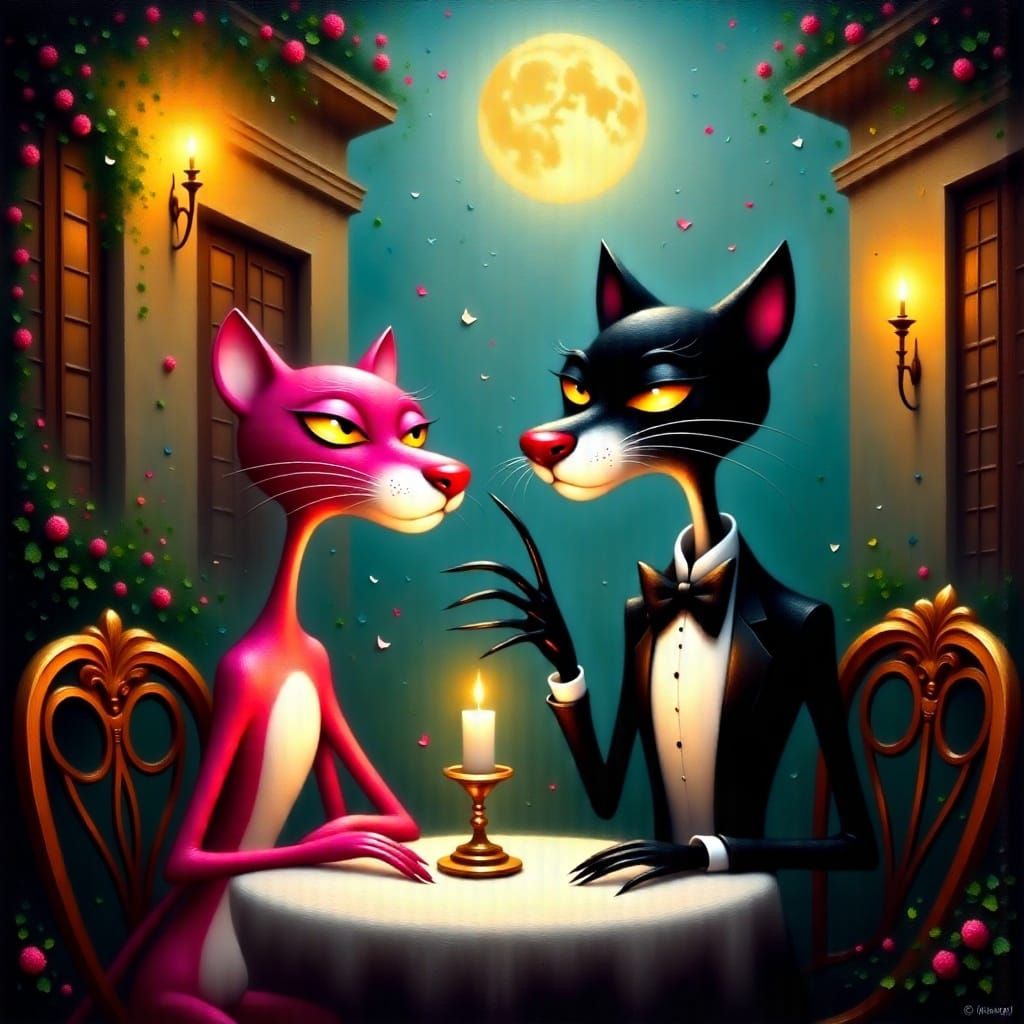 <lora:Black Theater:1.0>the pink Panther and Catwoman having a Date