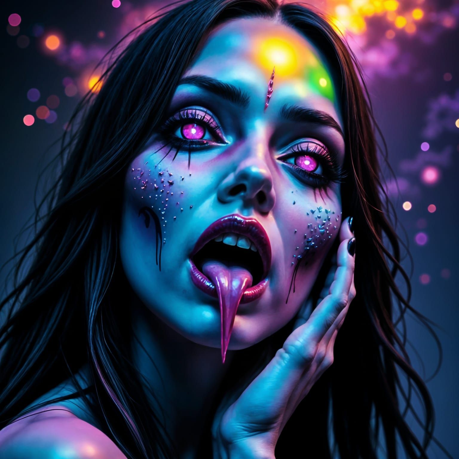 Gothic Demon Female Portrait : forked tongue showing, vampire teeth, has an alluring sinister look about her, provocative, chiaroscuro, rim ...