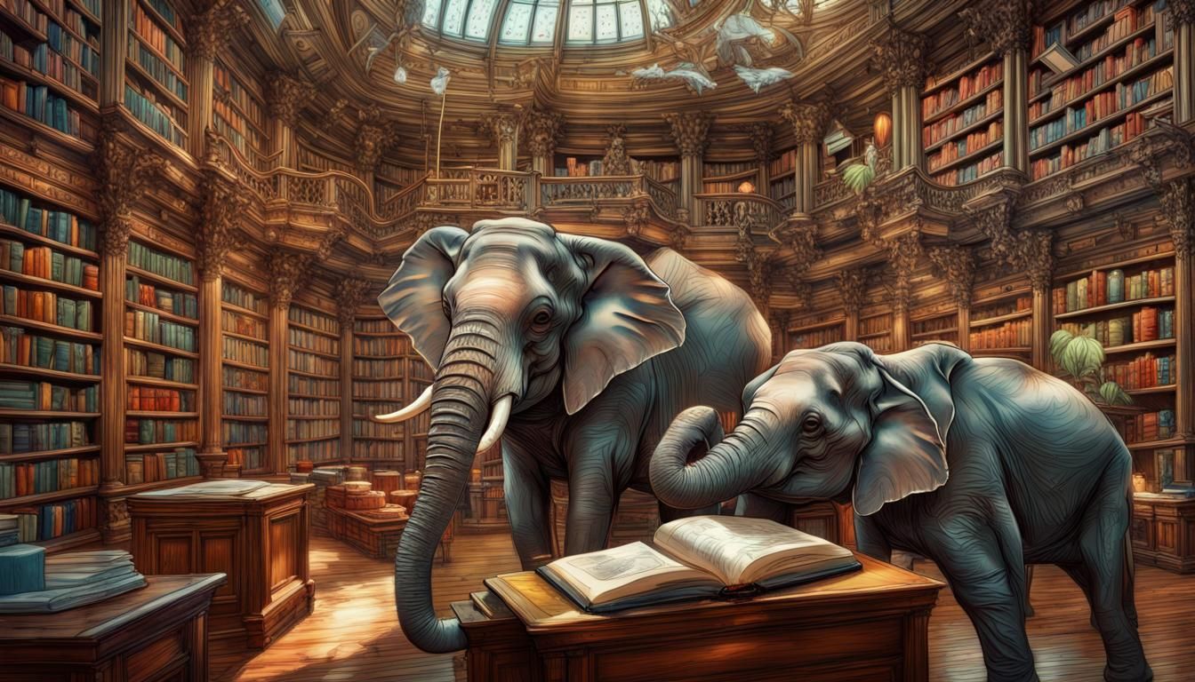 colorful elephants reading in a epic library drawn with bota...