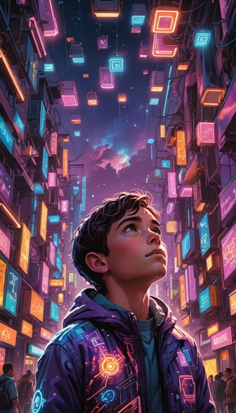 "A young boy looking up at the sky filled with futuristic ne...