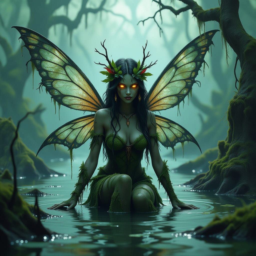 envision a swamp fairy covered in moss, vines, and mud, her wings crafted from decaying leaves and dragonfly ...  by @undefined