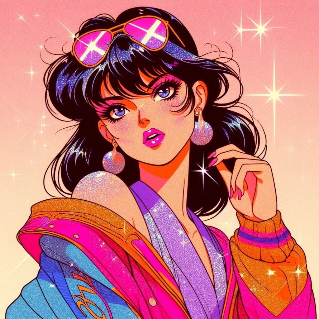 a 1980s anime style image of a woman fashion model drawn in ...