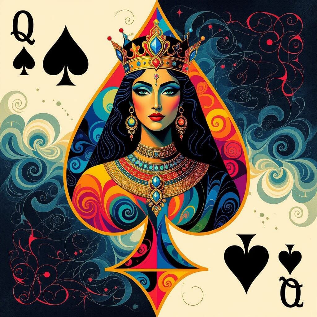 A spade playing card illustrating the Queen of Sheba.;
8k resolution holographic astral cosmic illustration ...  by @Red_on_Red