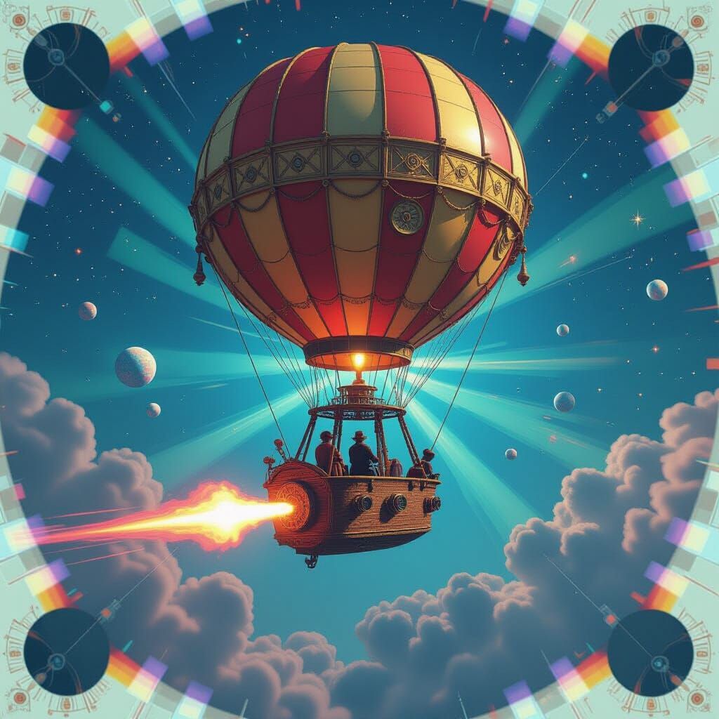 Steampunk Explorer's Cosmic Voyage with Holographic Effects