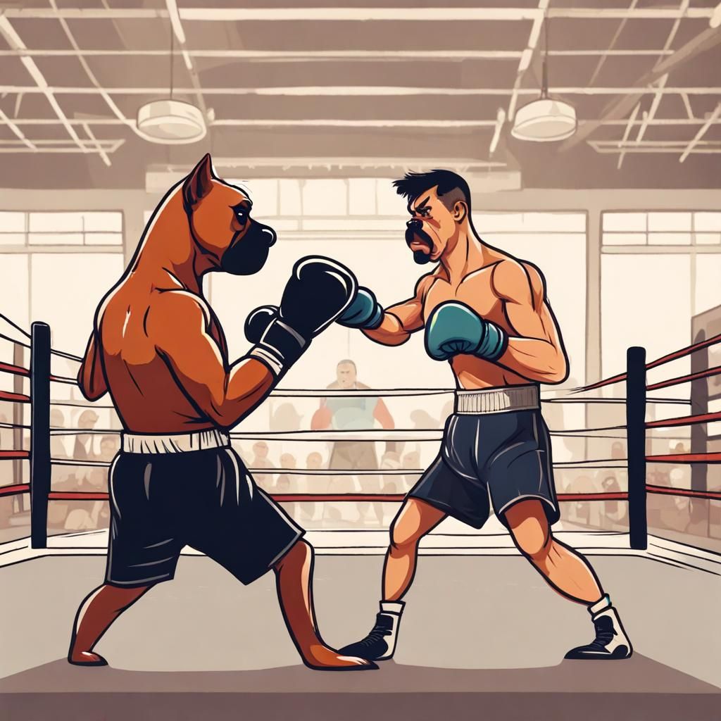Anthropomorphic boxer dog boxing with human boxer in boxing ...