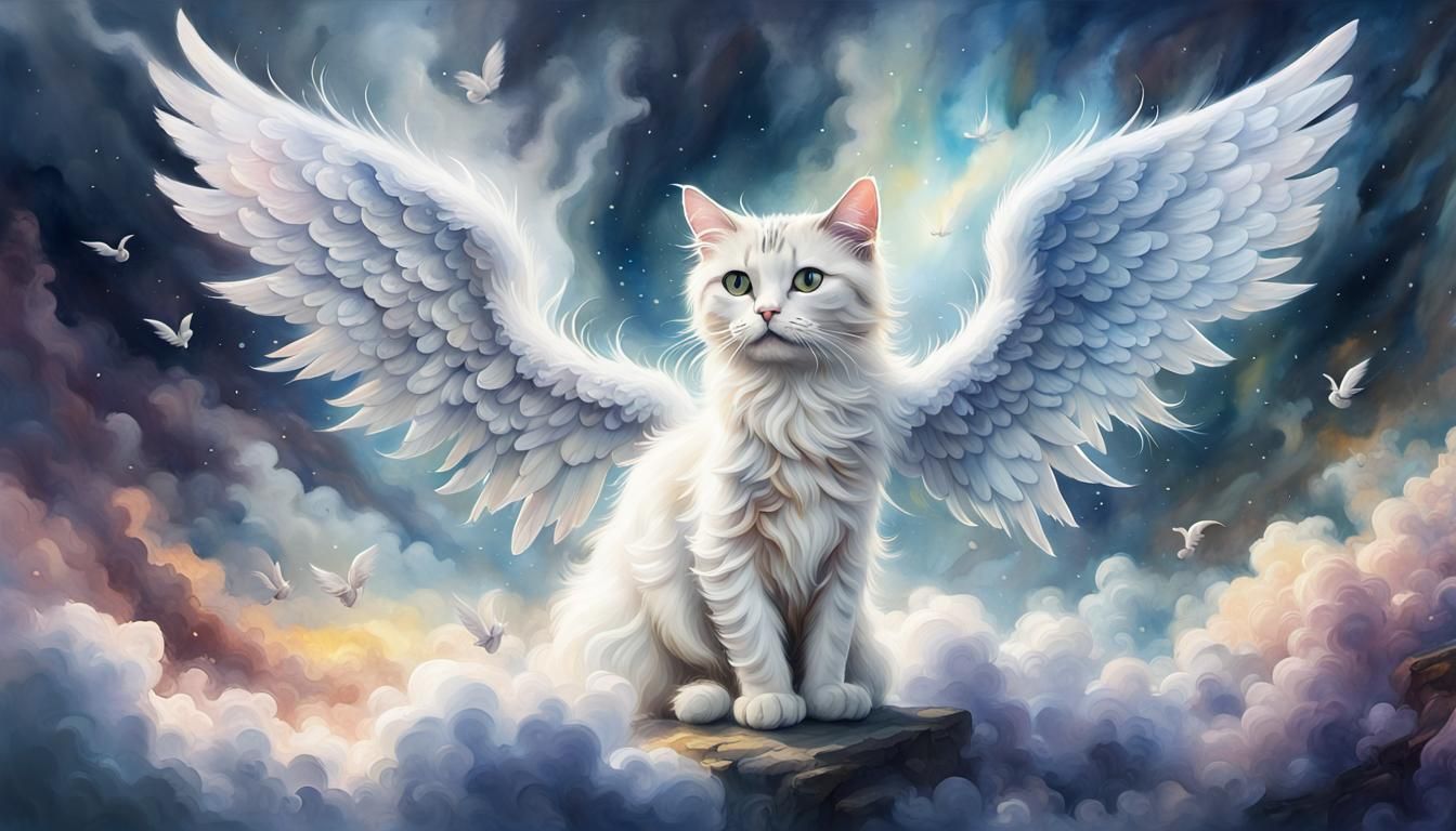 Cat heaven, cute cats with angel wings playing, watercolour,...