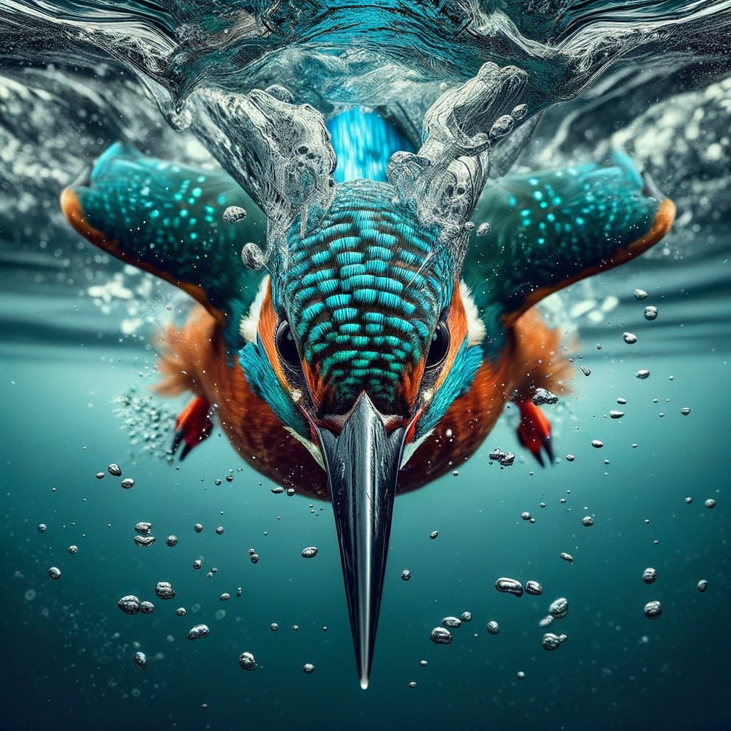 Majestic Kingfisher Dives into Water in Stunning Hyperrealis...