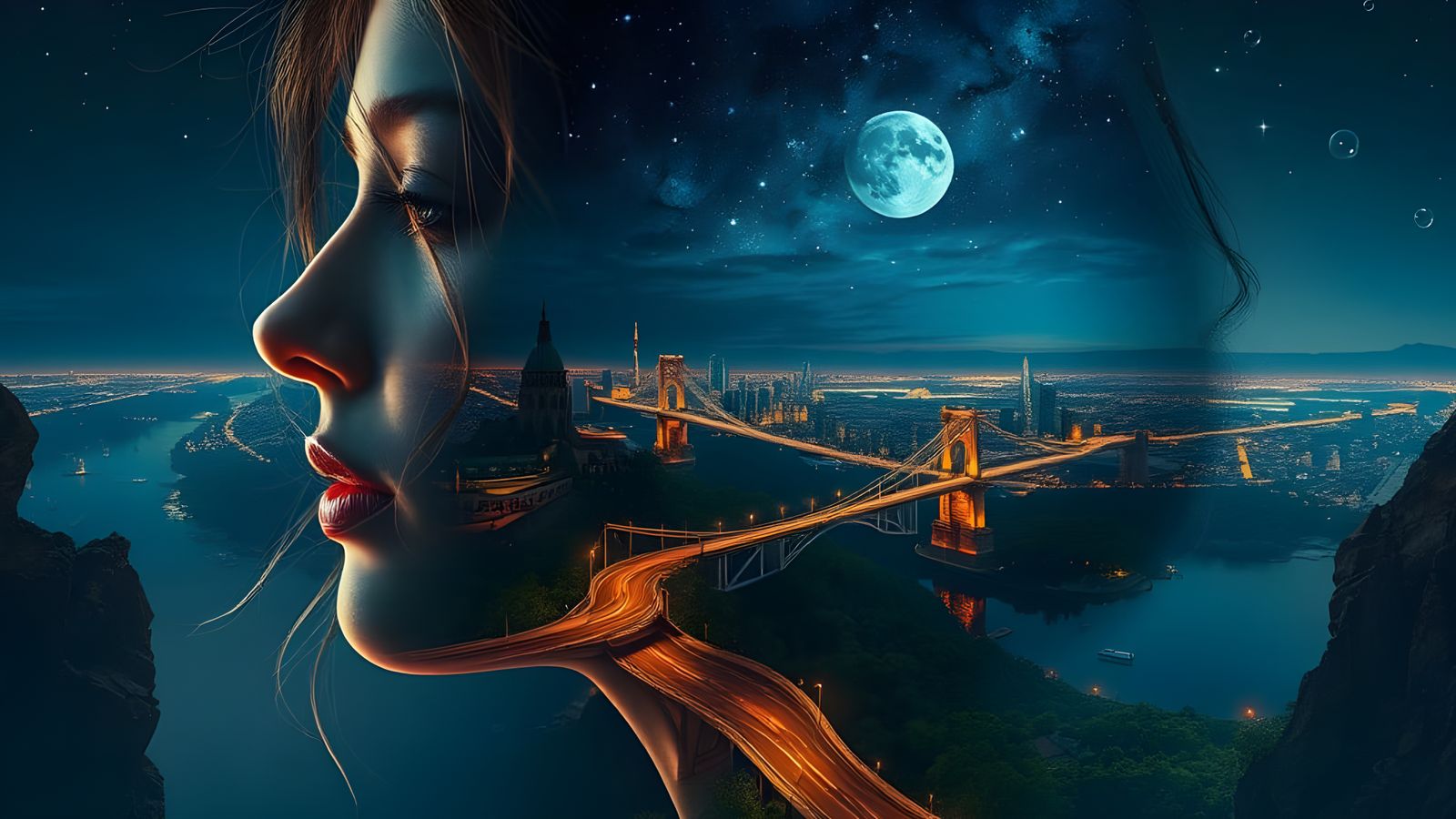 hyper realistic, cinematic of double exposure of an woman's transparent head.   by @KOSH